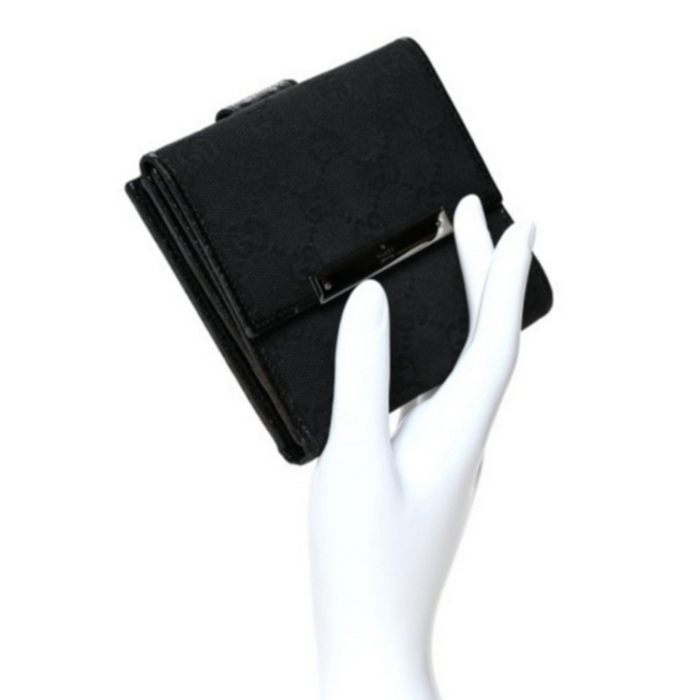 Gucci Black Wallet COMPACT Monogram Metal Bar French Flap Wallet Black AUTHENTIC - Picture 5 of 13